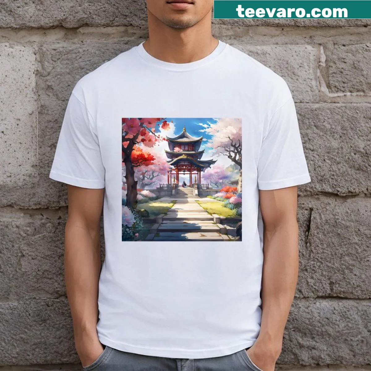 Illustrated cherry blossom design on a T-shirt — on a men's t-shirt