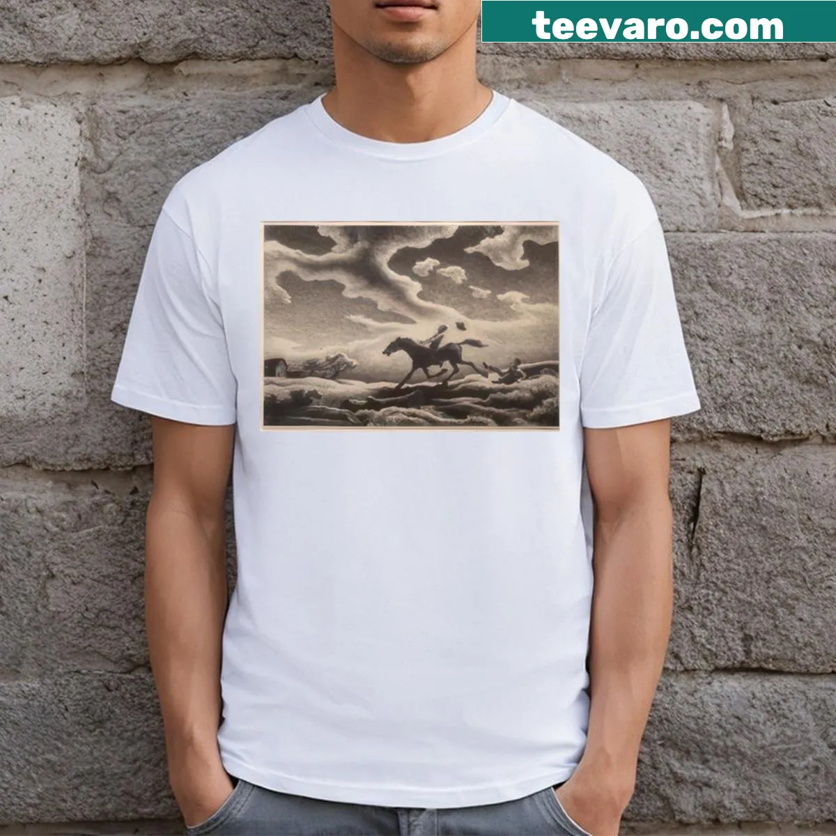 T-shirt featuring Thomas Hart Benton's 'Spring Tryout' lithograph — on a men's t-shirt