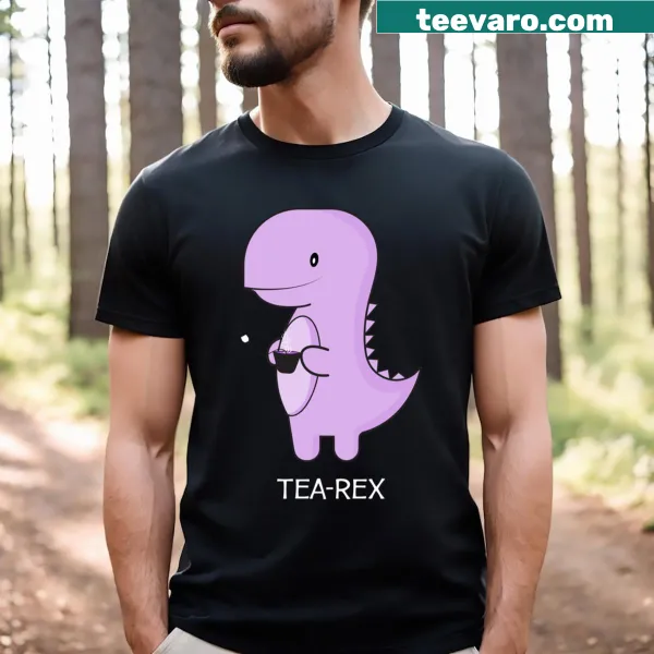 Cartoon dinosaur sipping tea on the T-shirt