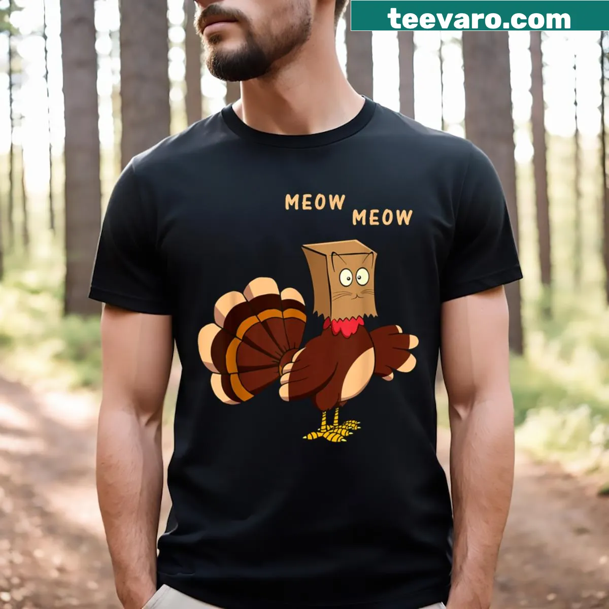 Funny Thanksgiving cat t-shirt with cartoon cat and 'Fake Cat Meow' text — on a men's t-shirt