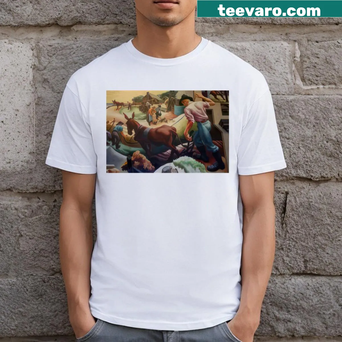 Long T-shirt featuring an artistic design inspired by Thomas Hart Benton — on a men's t-shirt