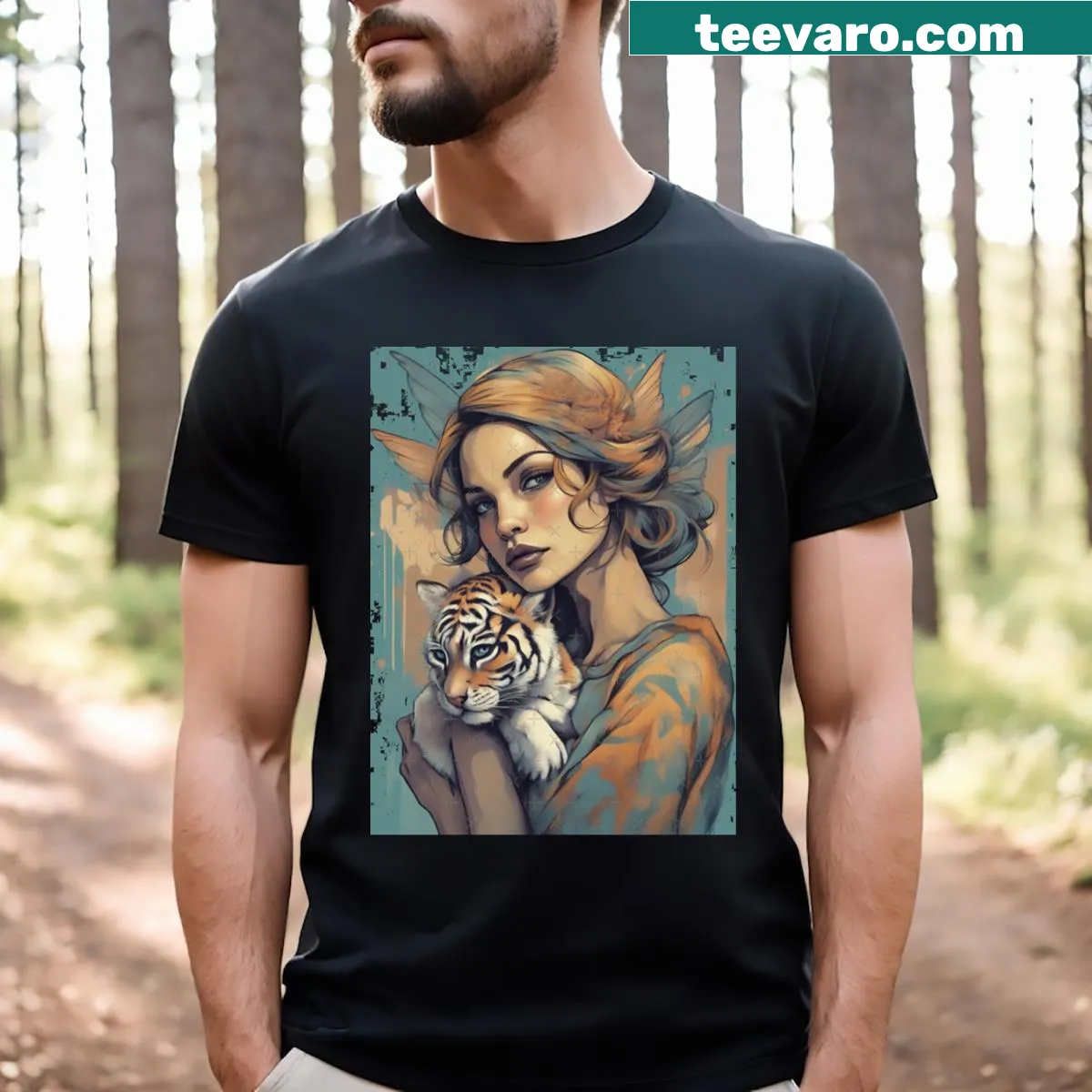 T-shirt featuring a charming tiger illustration — on a men's t-shirt