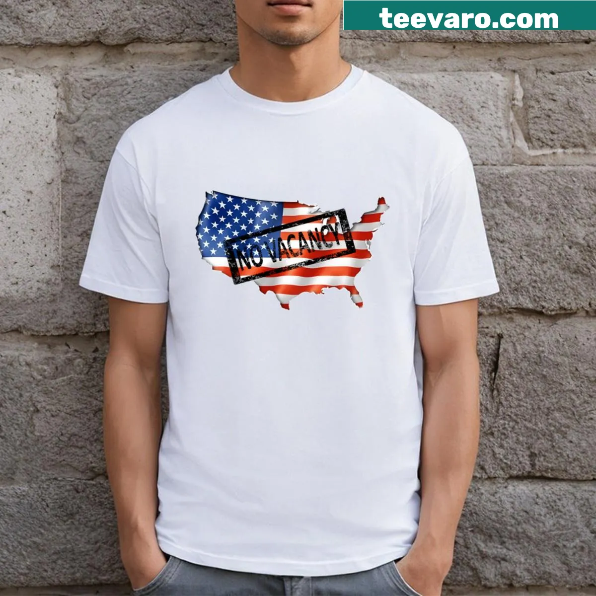 Patriotic USA No Vacancy flag design T-shirt — on a men's t-shirt