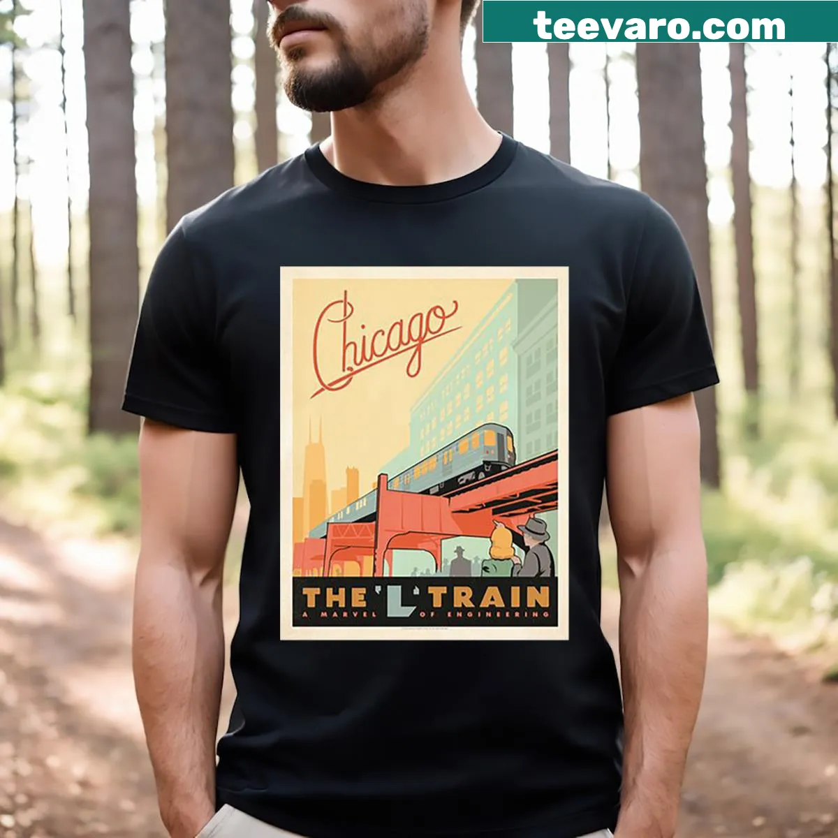 Vintage Chicago L train poster T-shirt — on a men's t-shirt