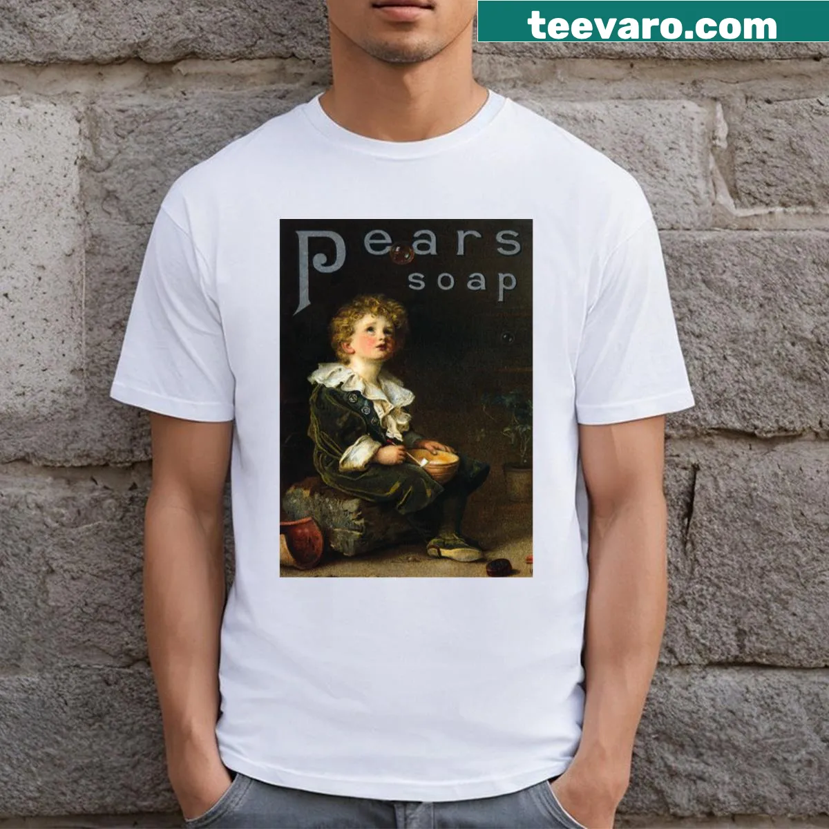 Vintage soap advertising poster T-shirt — on a men's t-shirt