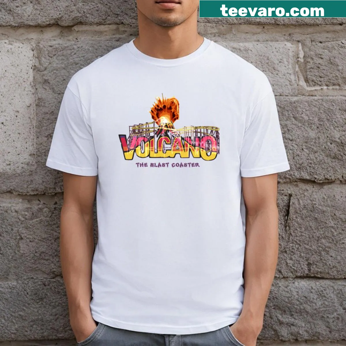 T-shirt featuring Volcano coaster design — on a men's t-shirt