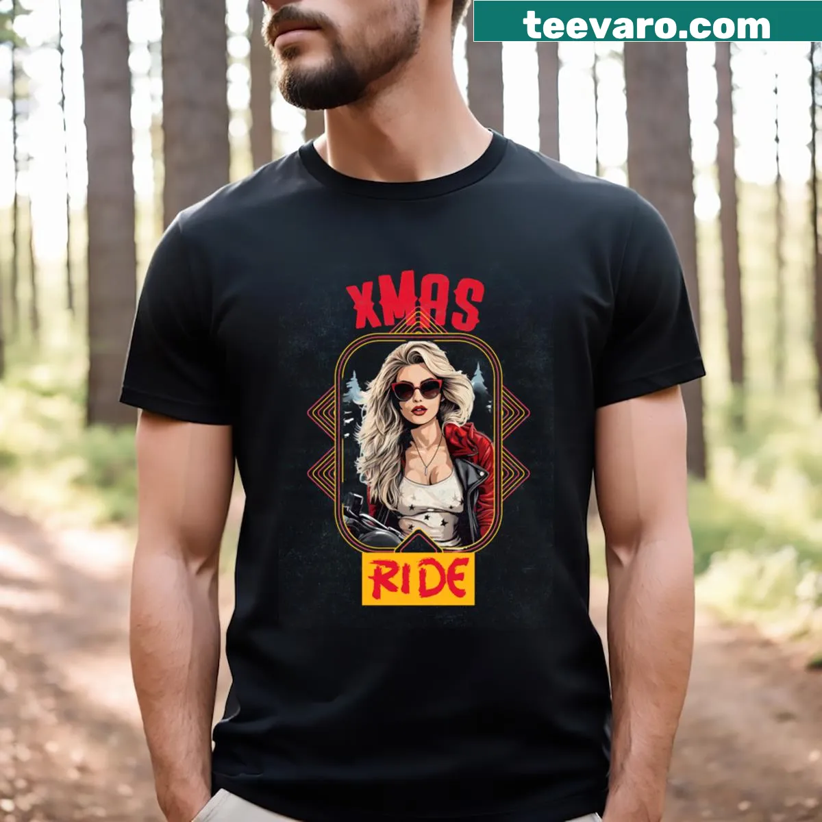 Christmas-themed T-shirt featuring a girl on a motorbike — on a men's t-shirt
