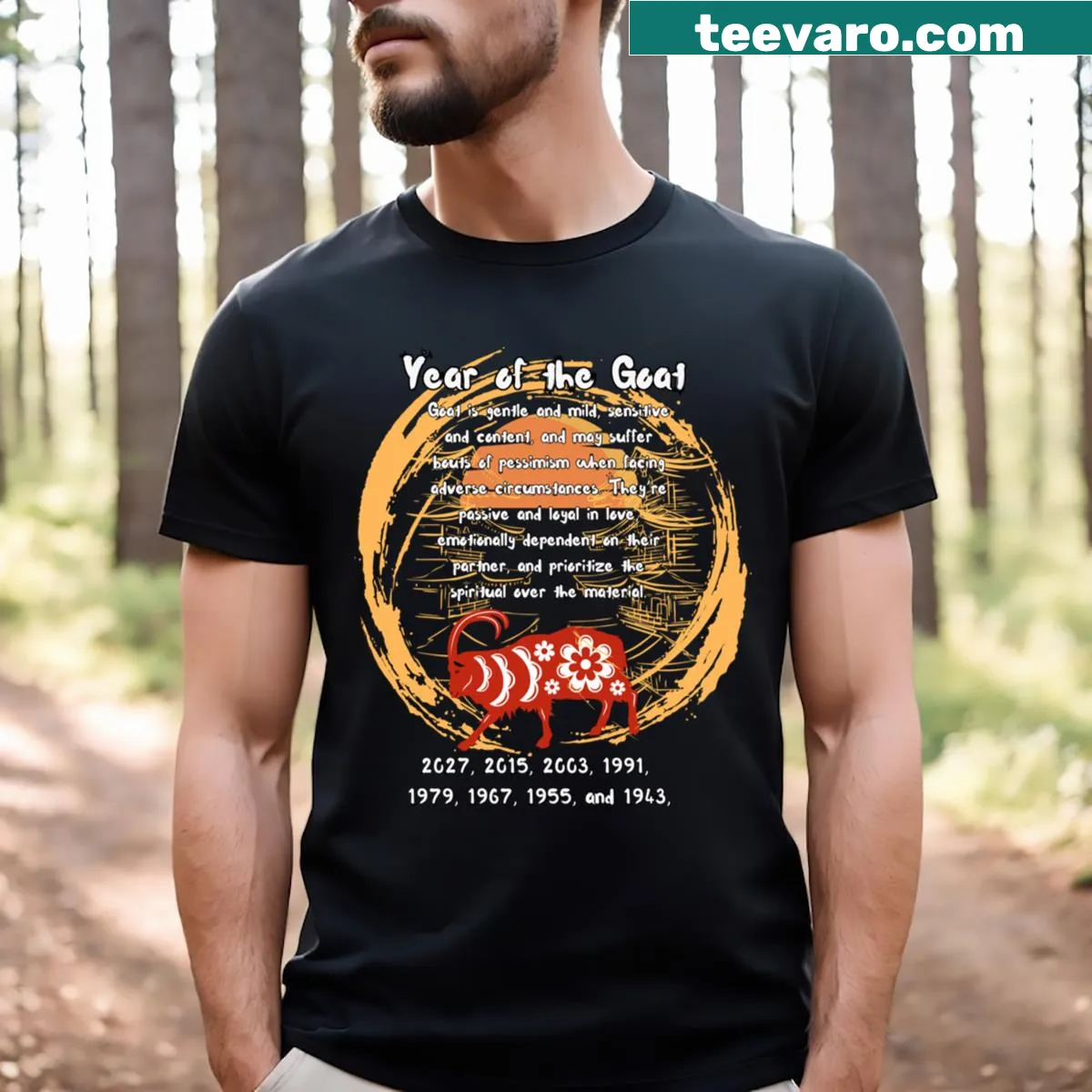 Stylized illustration of a goat with floral elements on a T-shirt — on a men's t-shirt