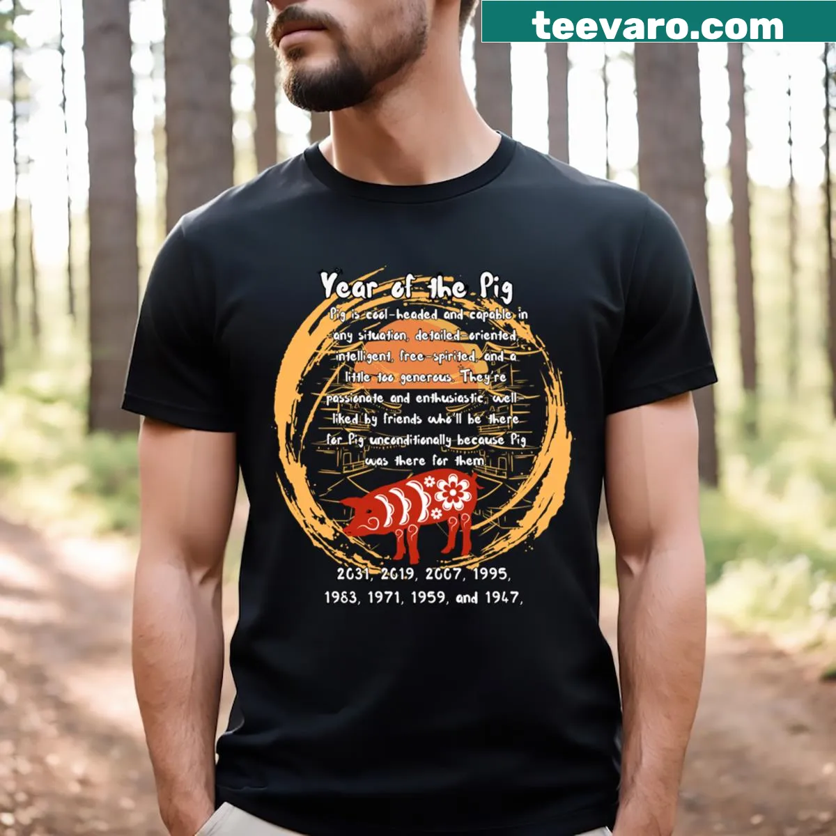 Cute illustration of a pig surrounded by joyful elements on a T-shirt — on a men's t-shirt