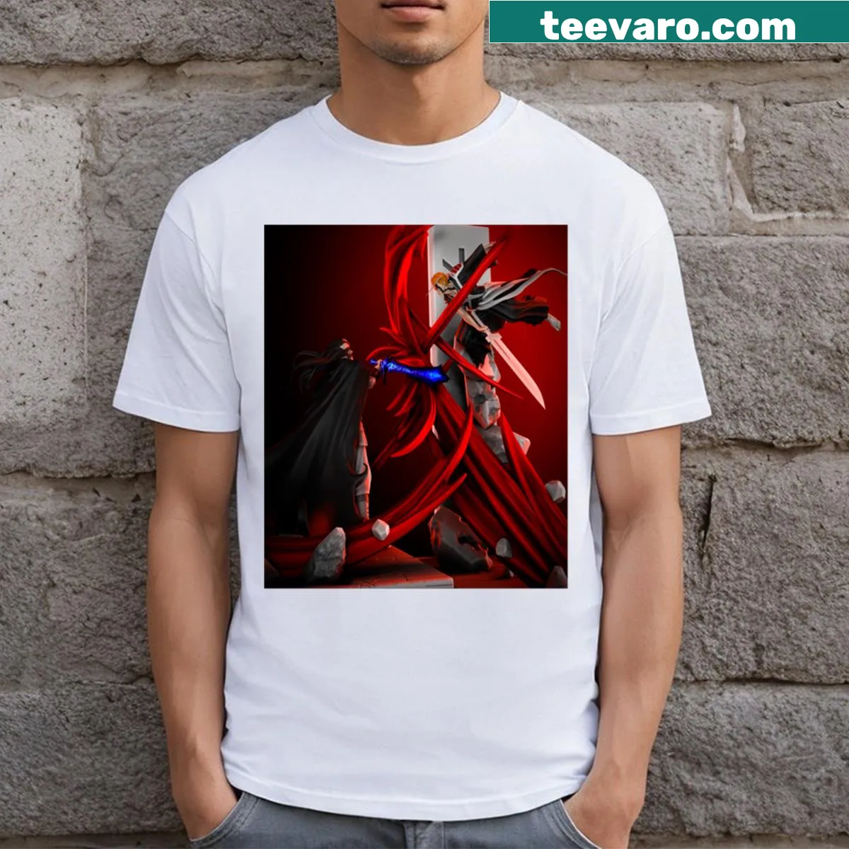 Illustrated Yhwach graphic on a t-shirt, showcasing a powerful character — on a men's t-shirt