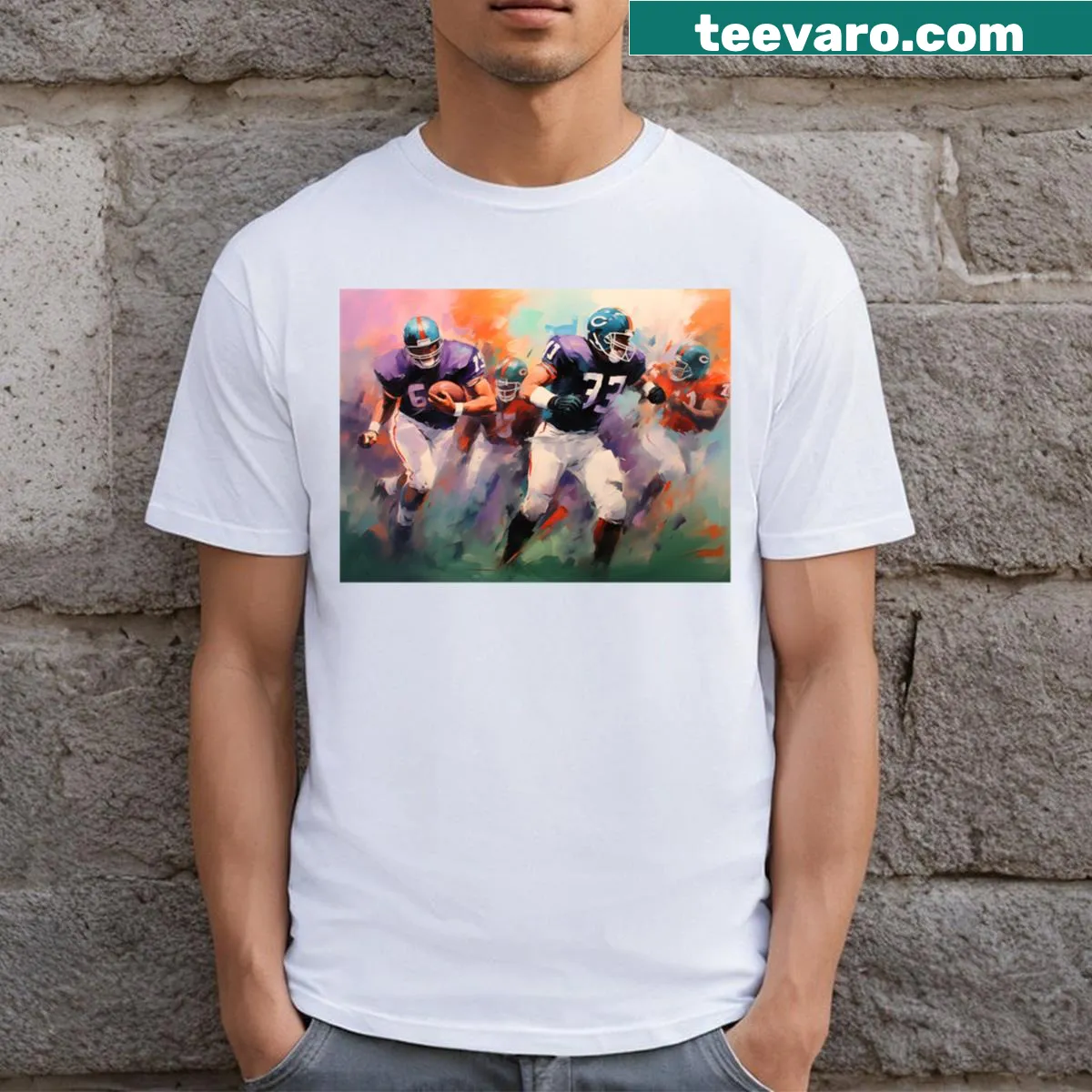 T-shirt featuring various American football team logos — on a men's t-shirt