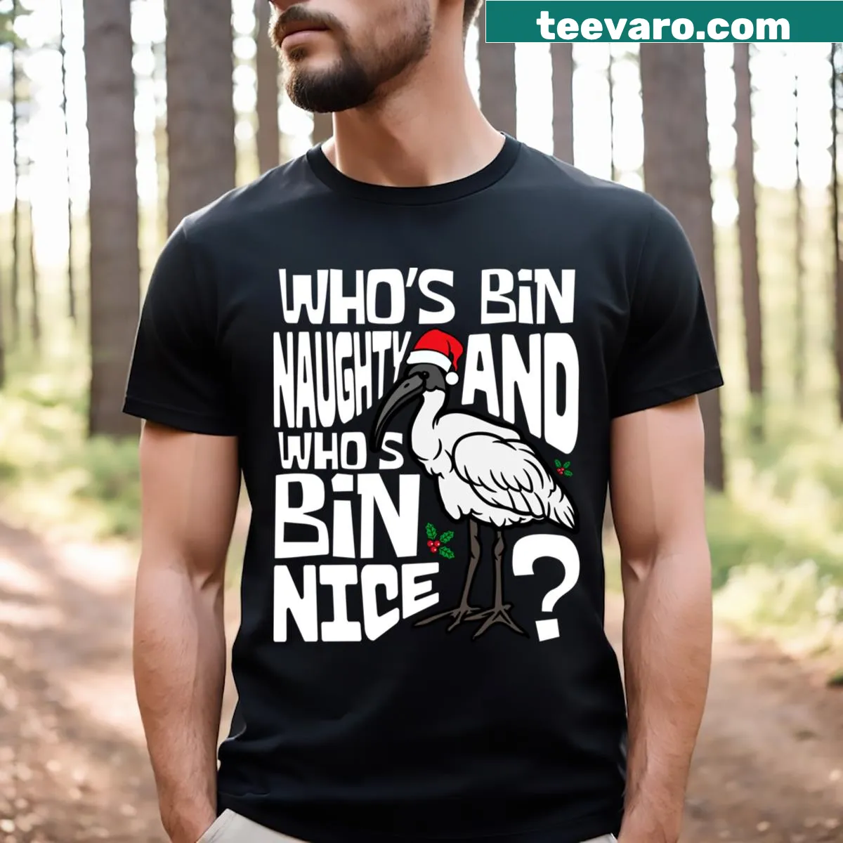 Funny ibis illustration in Santa attire for Christmas — on a men's t-shirt