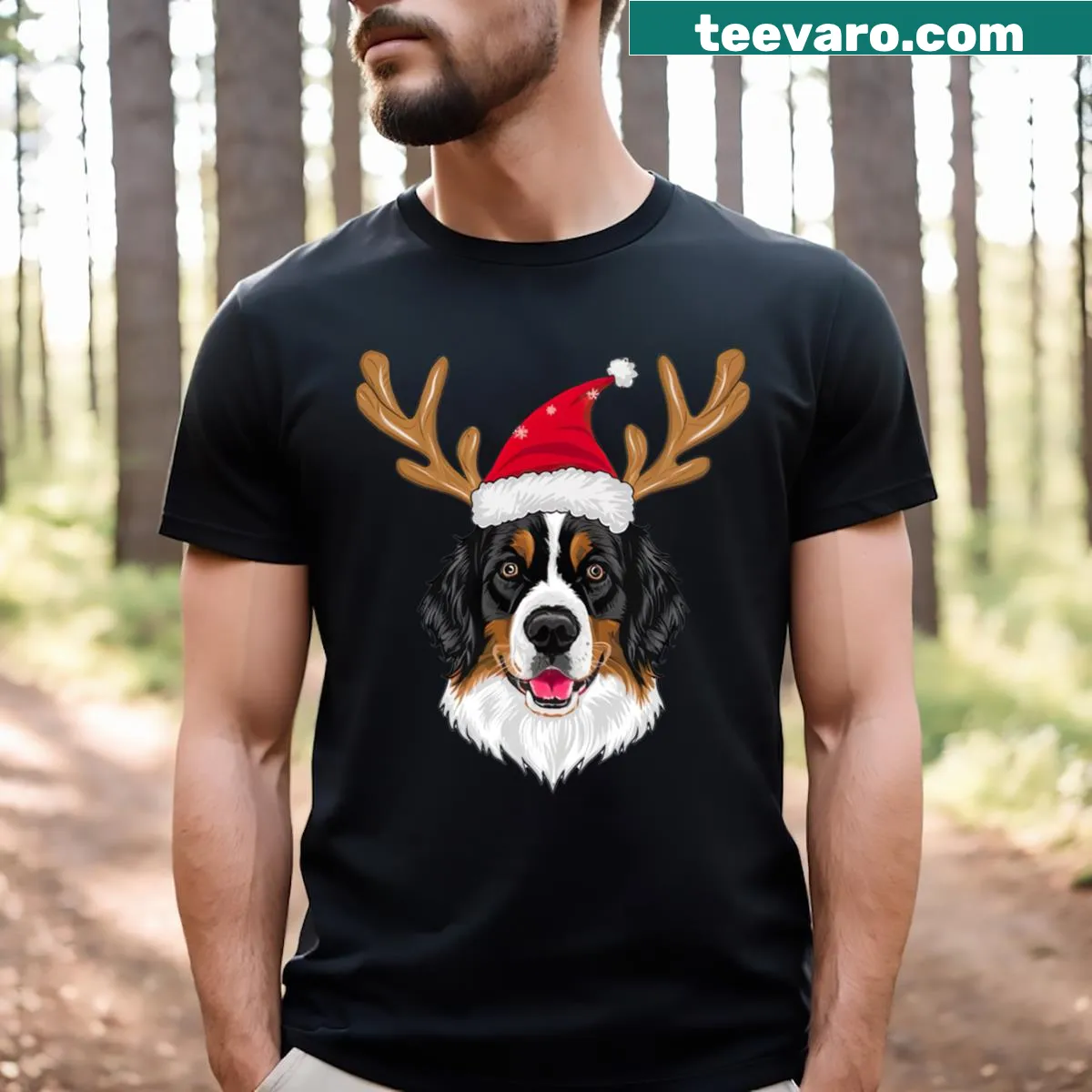 Funny Christmas t-shirt featuring a Bernese Mountain Dog in a Santa hat — on a men's t-shirt