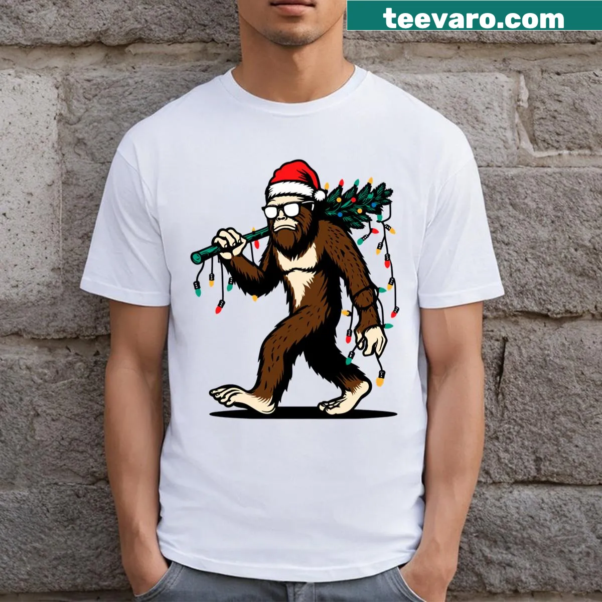 Sasquatch with Christmas lights on T-shirt — on a men's t-shirt