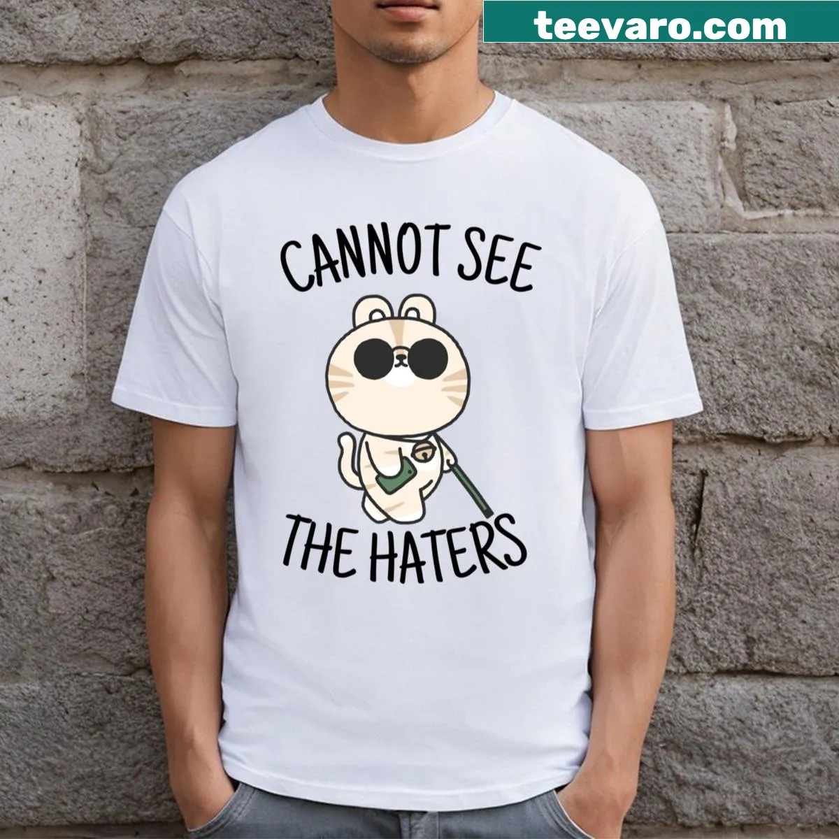 Cute cartoon cat peeking from a birdhouse illustration — on a men's t-shirt