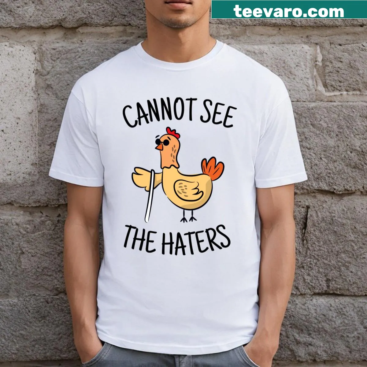 Cute cartoon chicken peeking from a birdhouse illustration — on a men's t-shirt