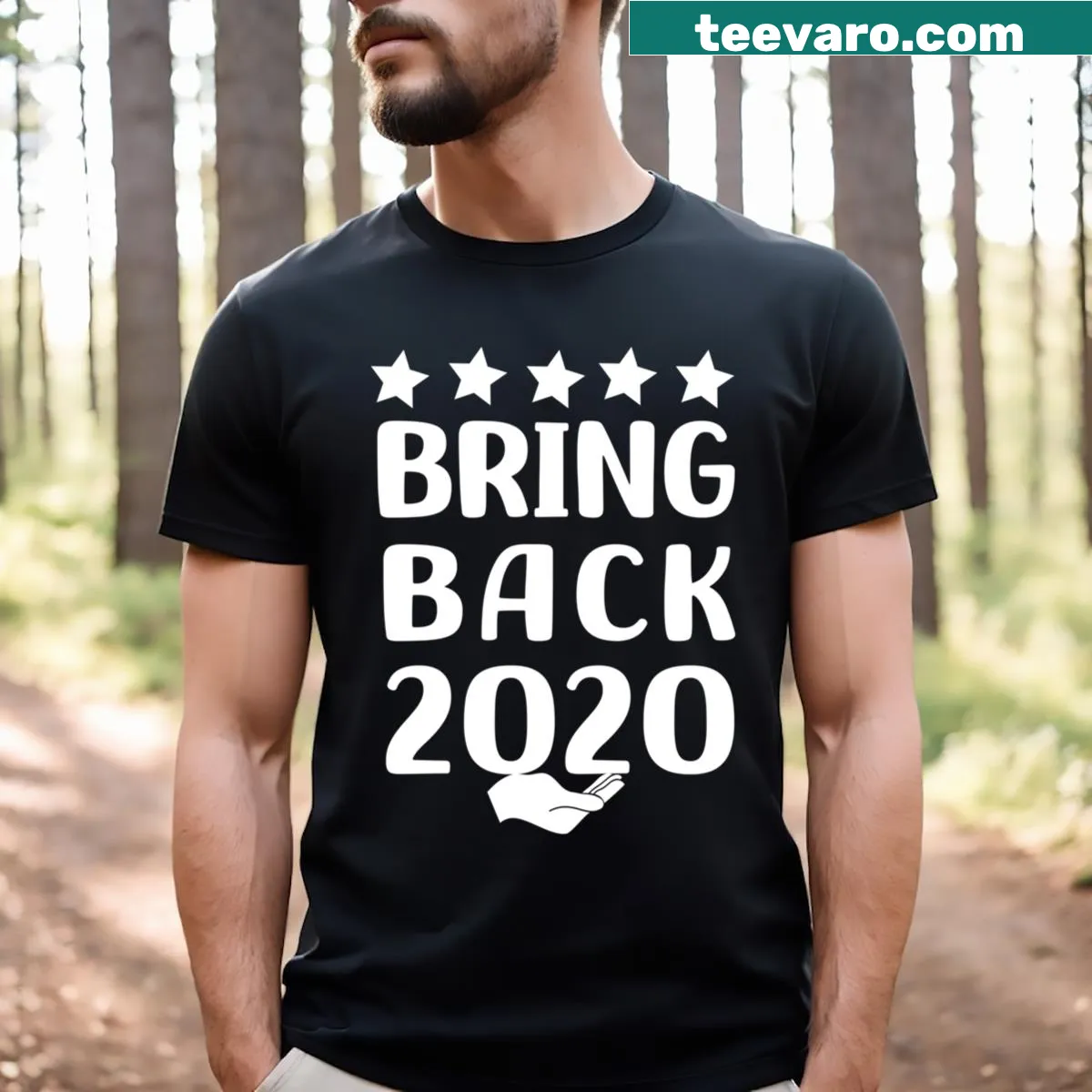 Nostalgic t-shirt with the phrase 'Bring Back 2020' in bold typography. — on a men's t-shirt