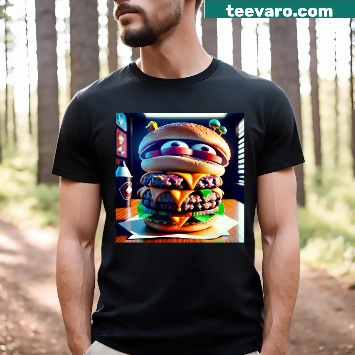 Cartoon Burger Monster T-shirt design for food lovers — on a men's t-shirt