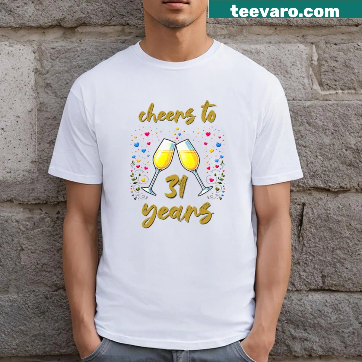 T-shirt with 'Cheers To 31 Years' in elegant typography for anniversary celebrations. — on a men's t-shirt