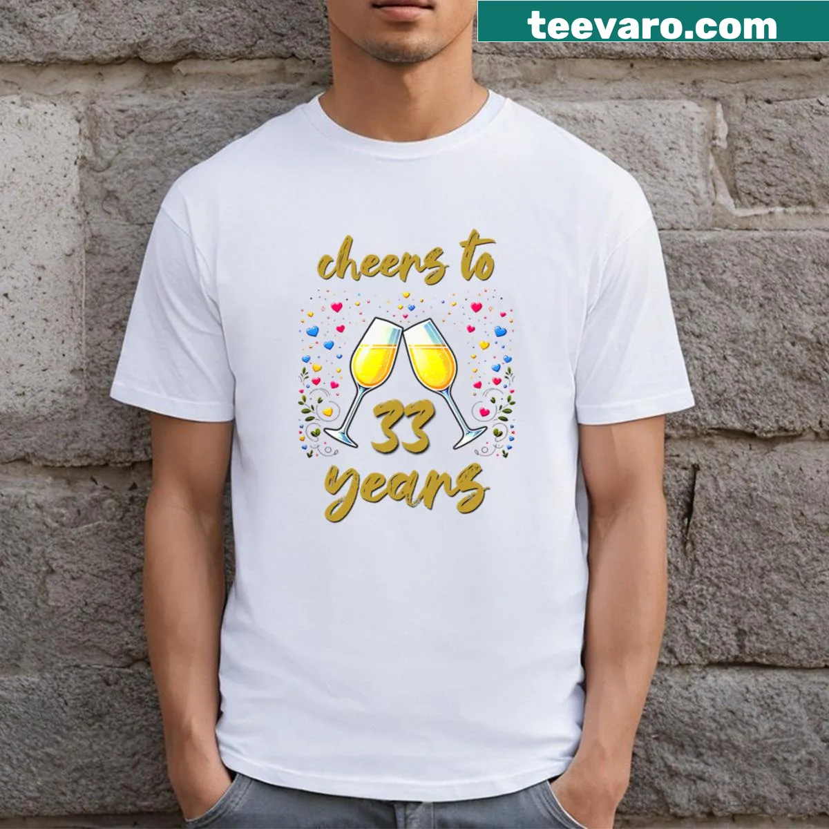 T-shirt featuring 'Cheers To 33 Years' in a beautiful font for anniversary celebrations. — on a men's t-shirt