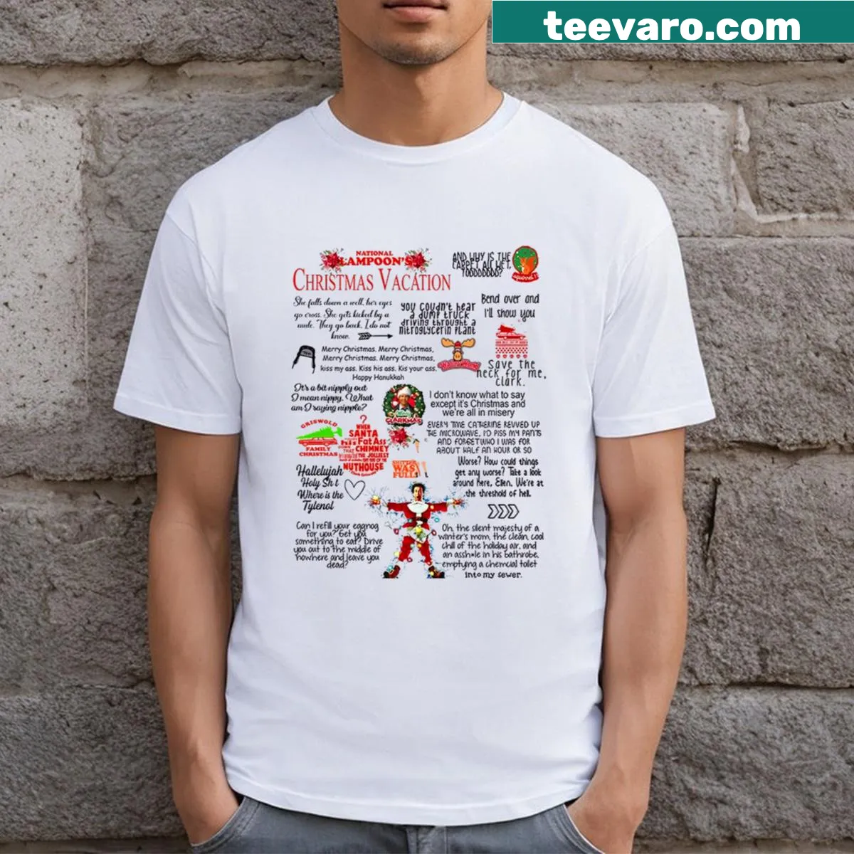 T-shirt featuring quotes from 'National Lampoon’s Christmas Vacation' in a fun typography style. — on a men's t-shirt