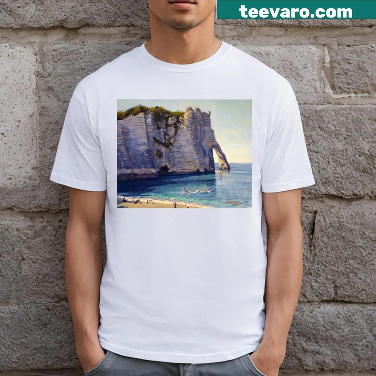 Long t-shirt inspired by the Cliffs of Etrata in France — on a men's t-shirt