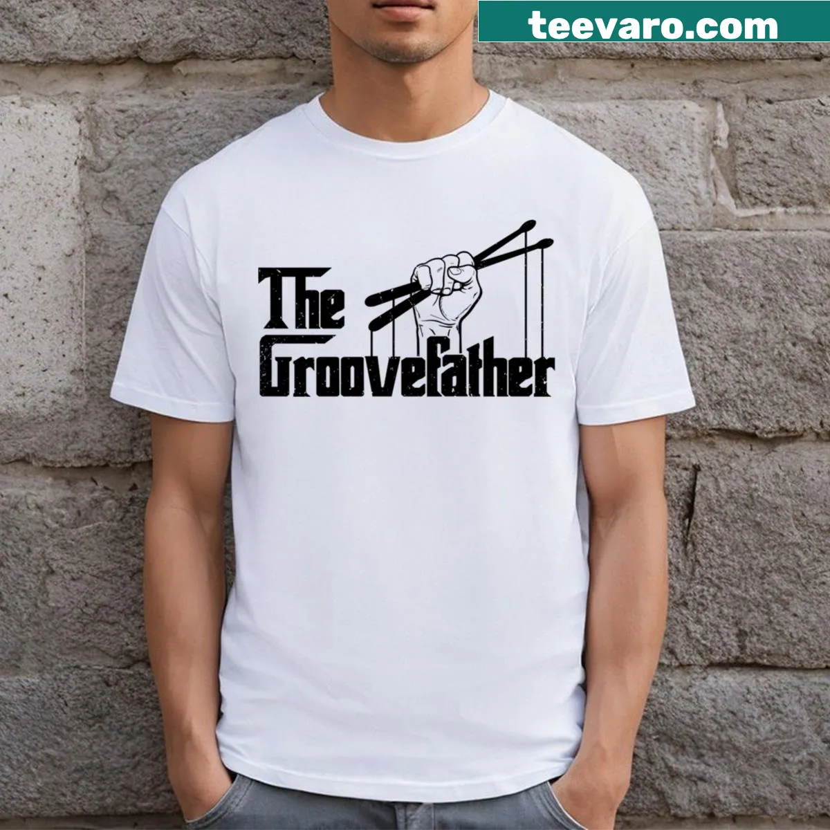 Vintage-style T-shirt featuring 'Groovefather' text and drum graphic — on a men's t-shirt