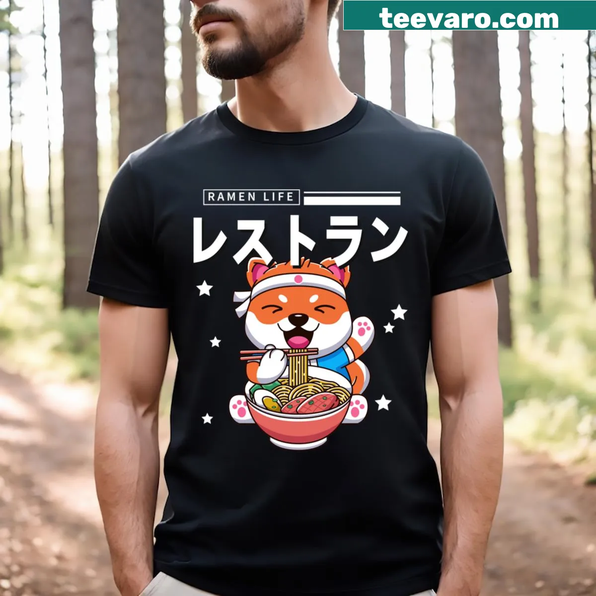 Illustration of a dog with ramen on T-shirt — on a men's t-shirt