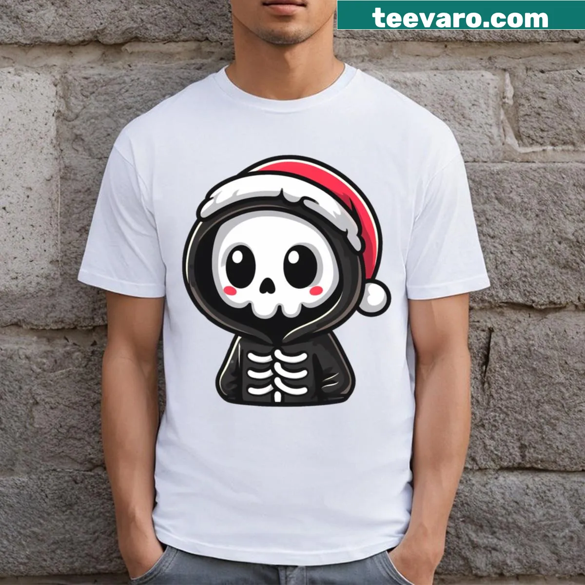 Cute Grim Reaper wearing a Santa hat in a playful design — on a men's t-shirt