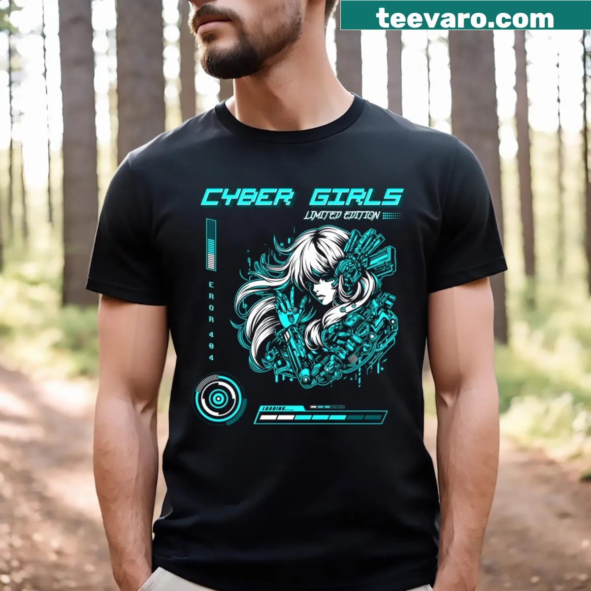 Illustration of cyber girls in urban sci-fi setting T-shirt — on a men's t-shirt