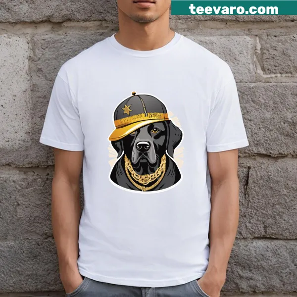 Illustration of a dog wearing a cap and gold chain necklace