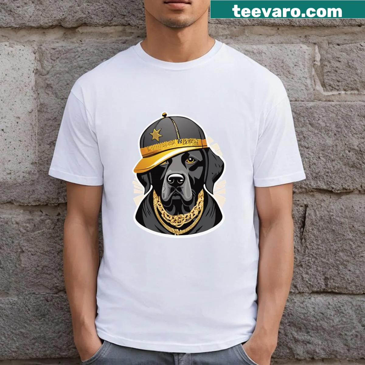 Illustration of a dog wearing a cap and gold chain necklace — on a men's t-shirt