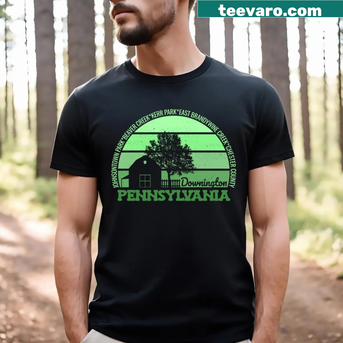 Vintage logo t-shirt featuring a sunset design related to Downington Pennsylvania — on a men's t-shirt