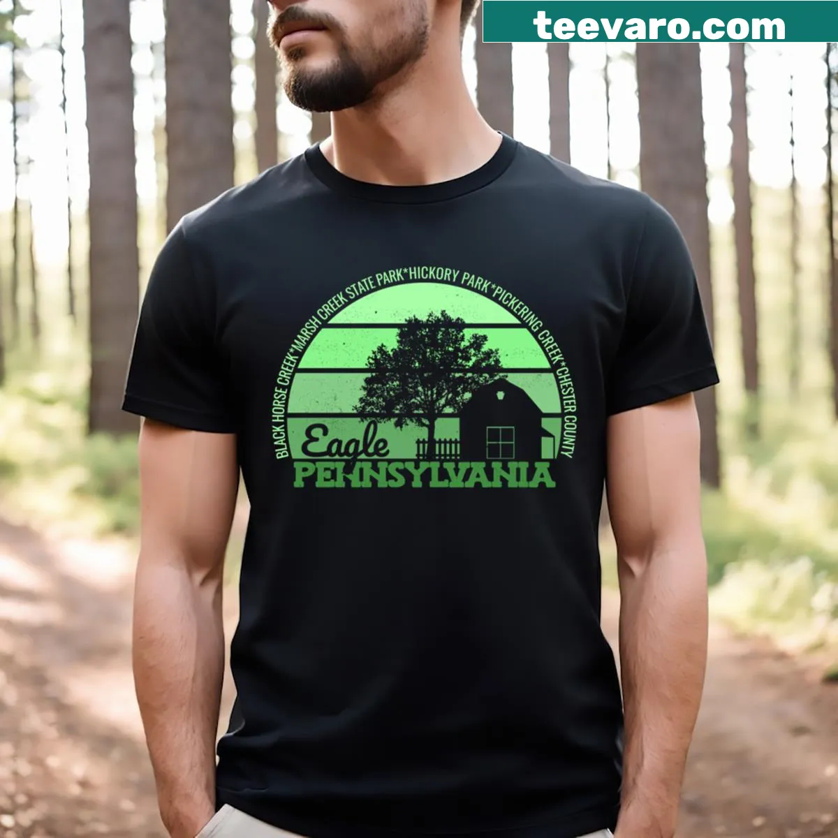 Vintage-style T-shirt featuring an eagle and sunset logo representing Pennsylvania. — on a men's t-shirt