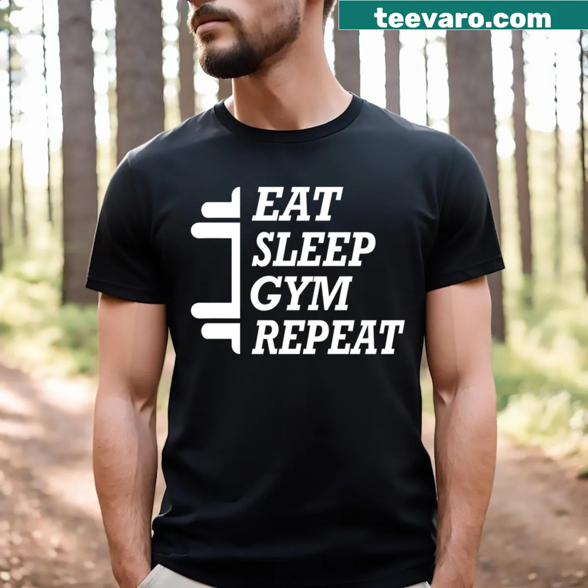 Motivational gym t-shirt with the phrase 'Eat Sleep Gym Repeat' — on a men's t-shirt