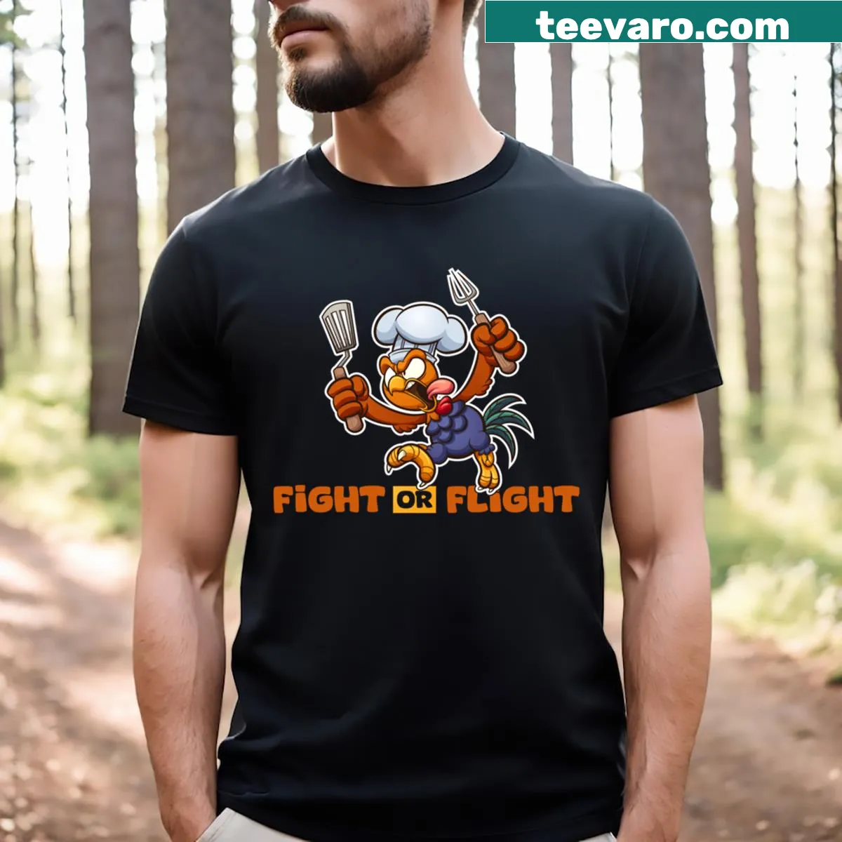 Funny Thanksgiving T-shirt with 'Fight Or Flight' turkey design — on a men's t-shirt