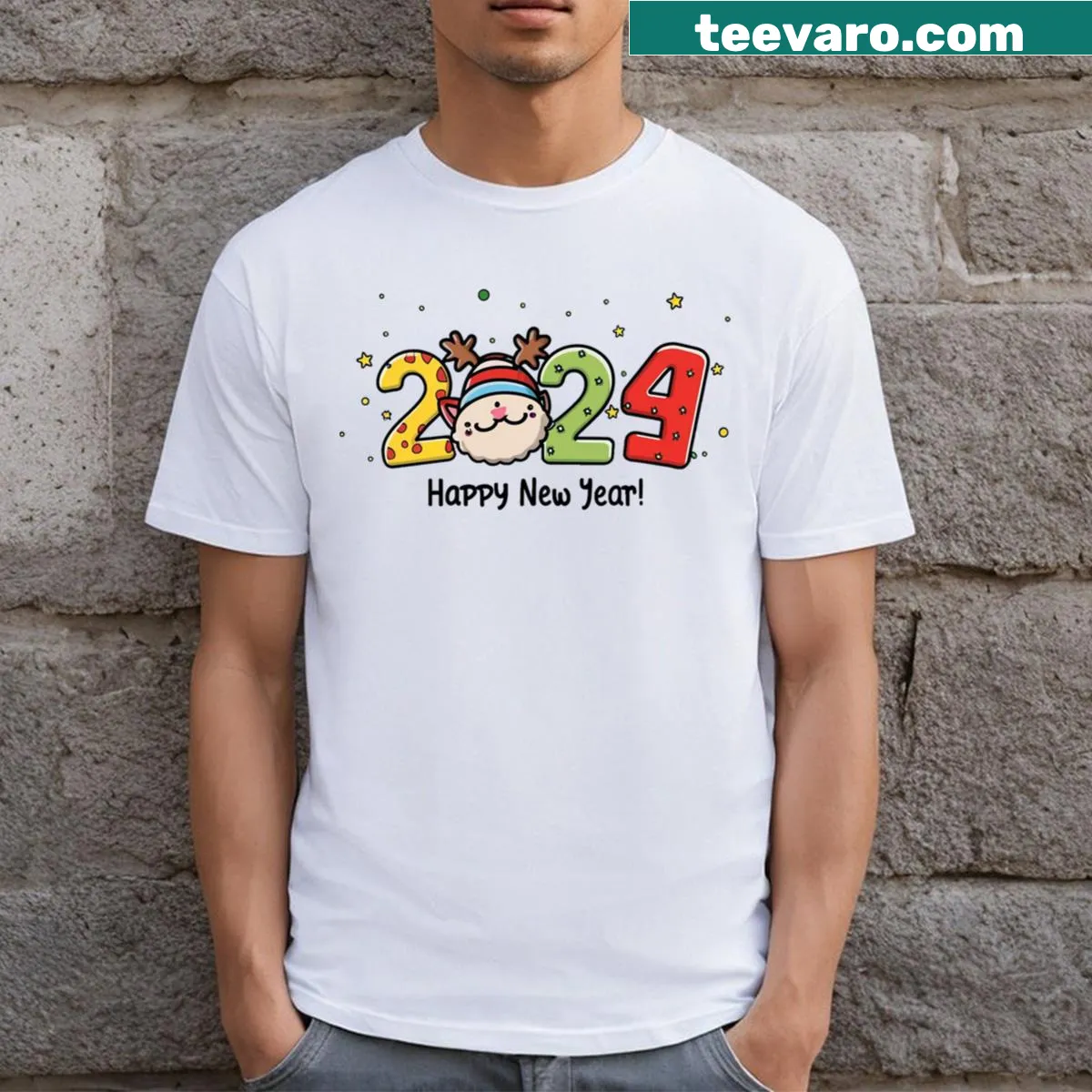 Funny New Year 2024 t-shirt with playful typography — on a men's t-shirt