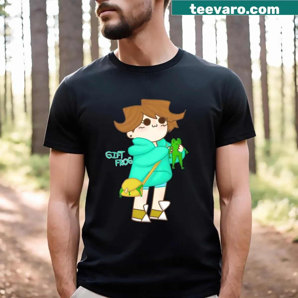Funny t-shirt featuring a playful frog illustration — on a men's t-shirt