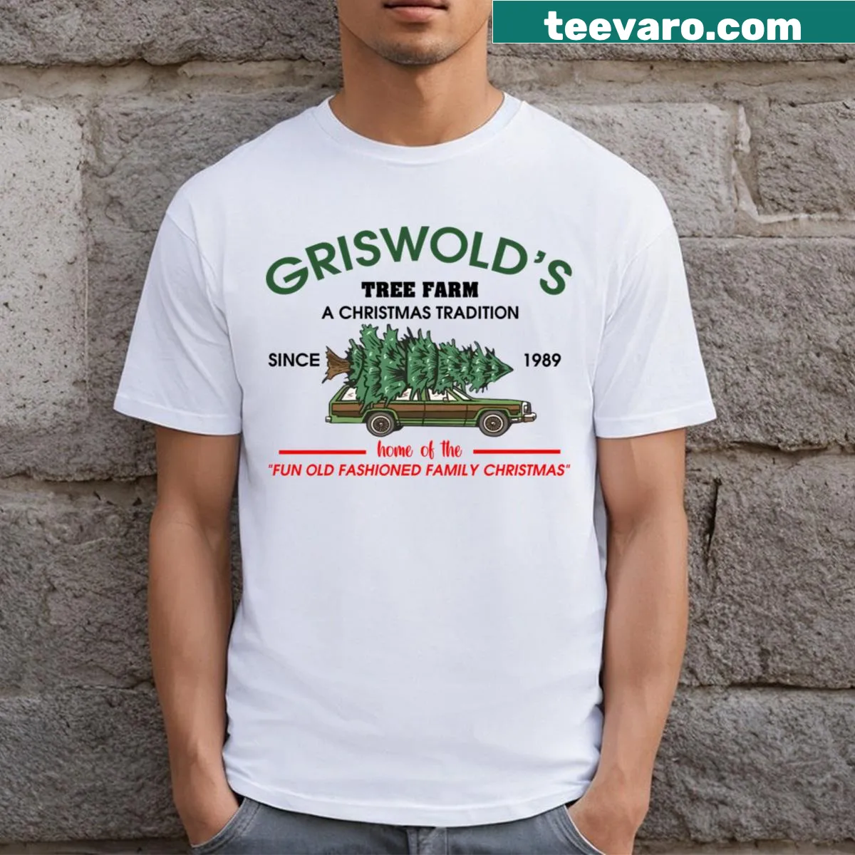 Graphic T-shirt featuring Griswold's Family Christmas design — on a men's t-shirt