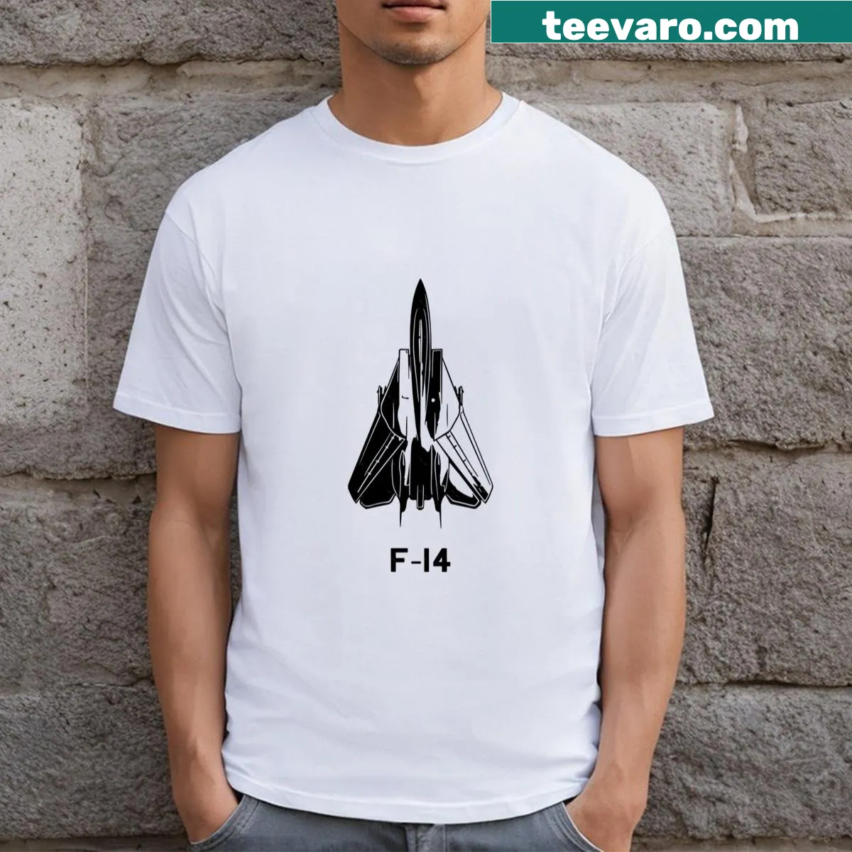 T-shirt featuring a detailed illustration of the Grumman F14 Tomcat — on a men's t-shirt