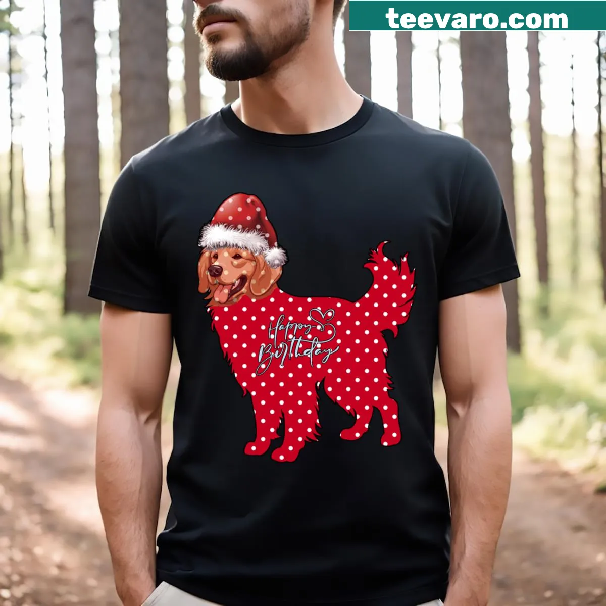 T-shirt featuring a festive illustration of a Golden Retriever — on a men's t-shirt