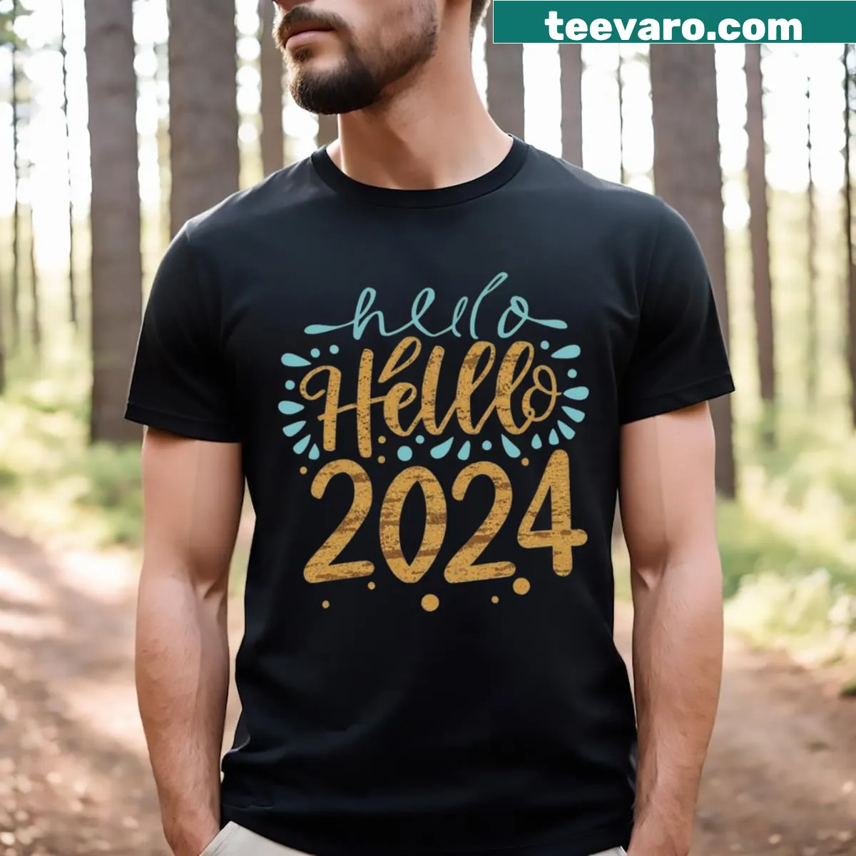 Typography t-shirt with the phrase Hello 2024 in modern font — on a men's t-shirt