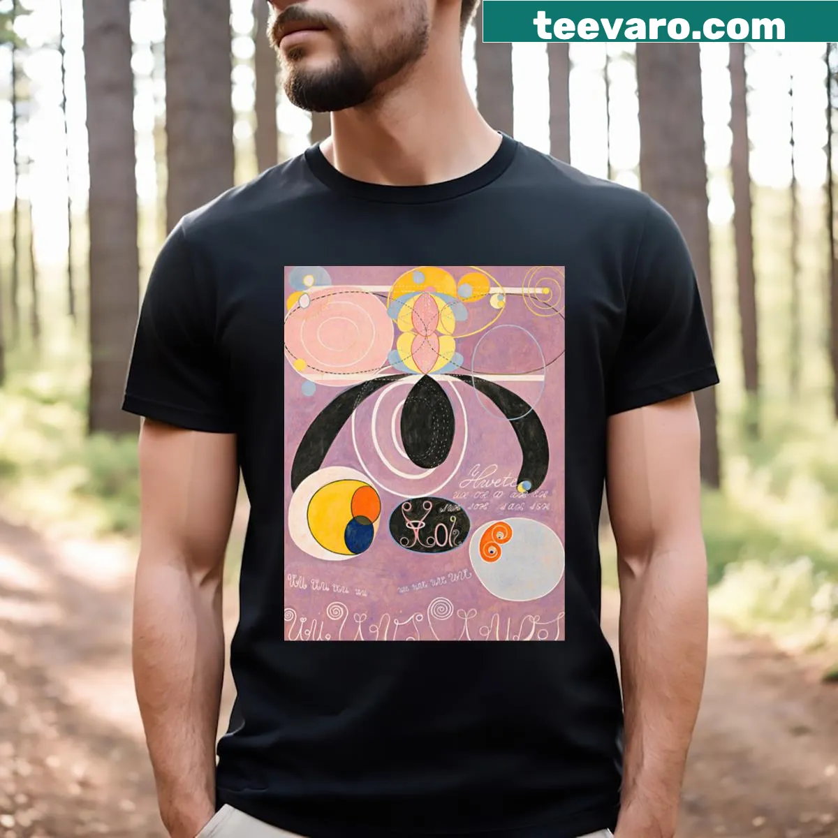 Minimalist t-shirt inspired by Hilma Af Klint with abstract design — on a men's t-shirt