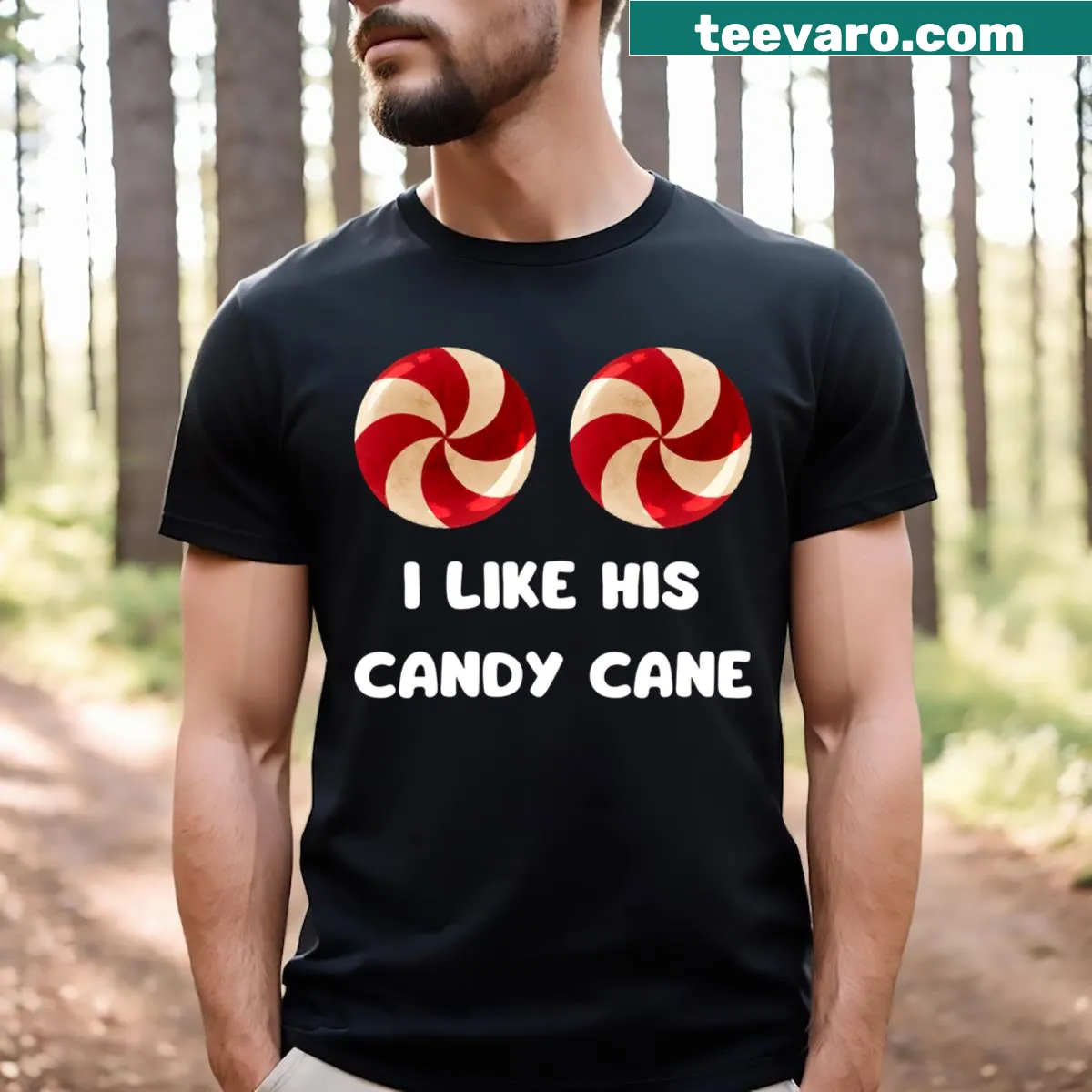 Matching Christmas T-shirts with the phrase 'I Like His Candy Cane' — on a men's t-shirt