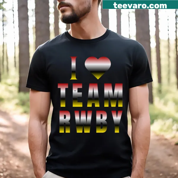 T-shirt featuring Team RWBY design with hearts and symbols.