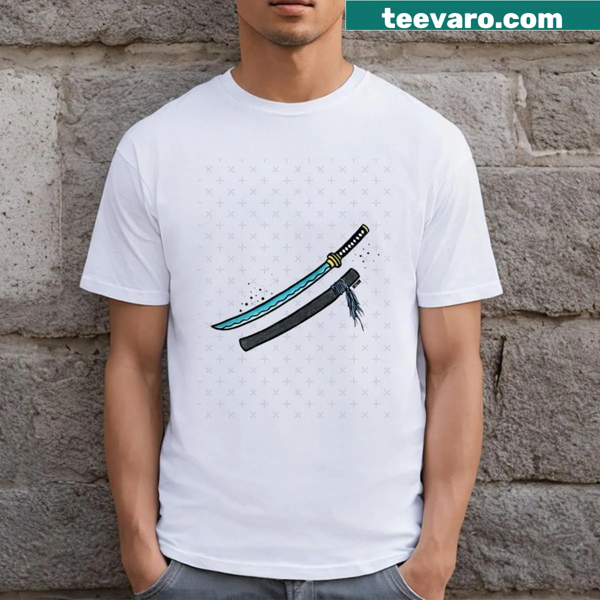 Cartoon Katana t-shirt featuring a playful sword illustration — on a men's t-shirt
