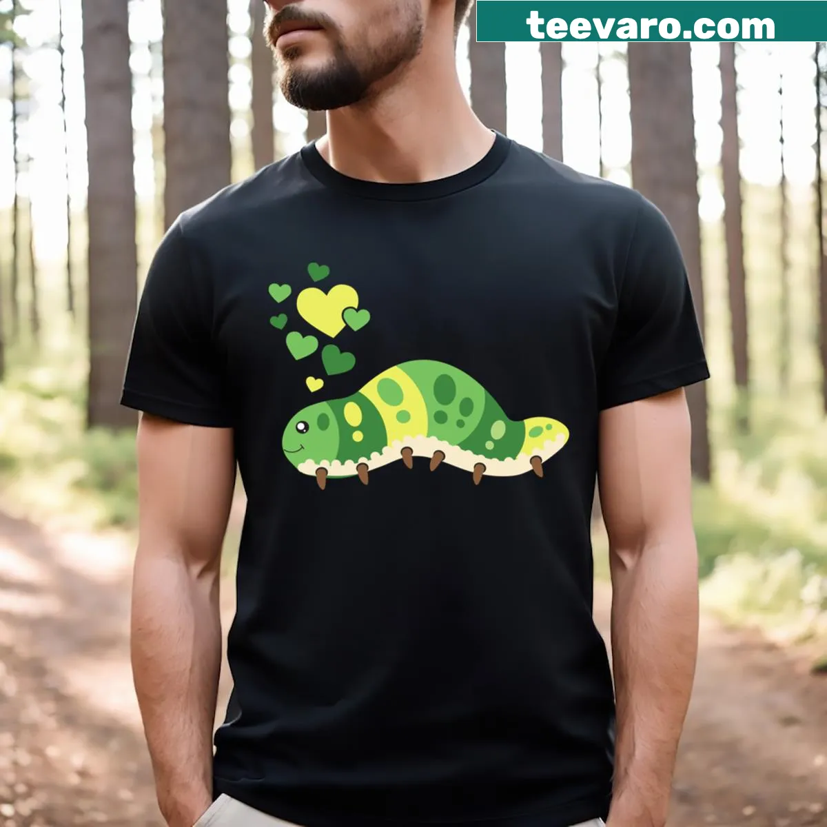 Kawaii Cute Caterpillar With Hearts T-shirt featuring a playful design — on a men's t-shirt