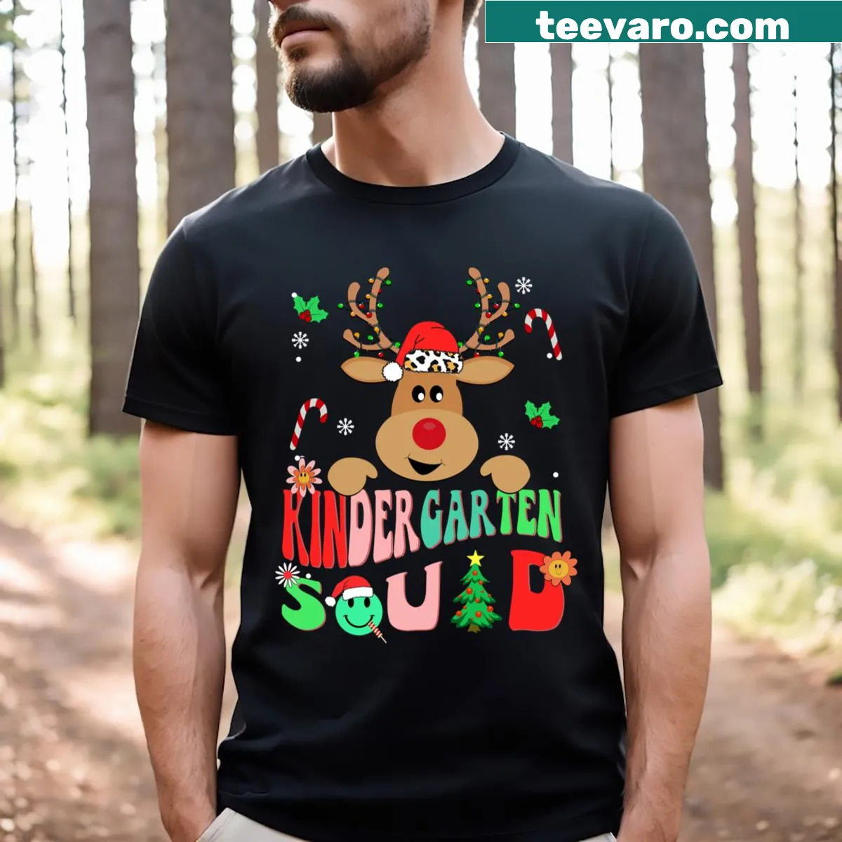 Christmas T-shirt for teachers with reindeer design — on a men's t-shirt