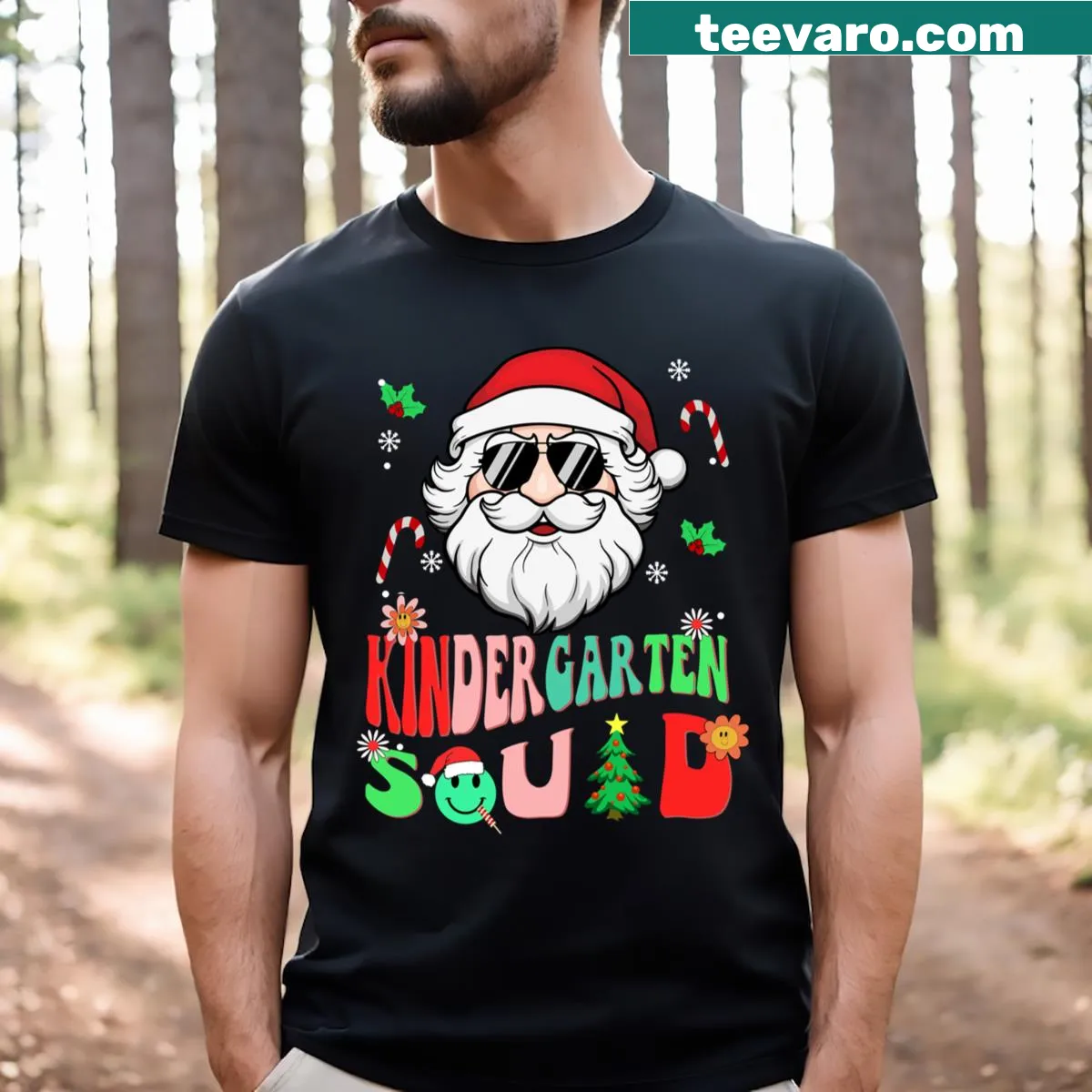 Kids Christmas T-shirt with Santa graphic and Matching Teacher Squad text — on a men's t-shirt