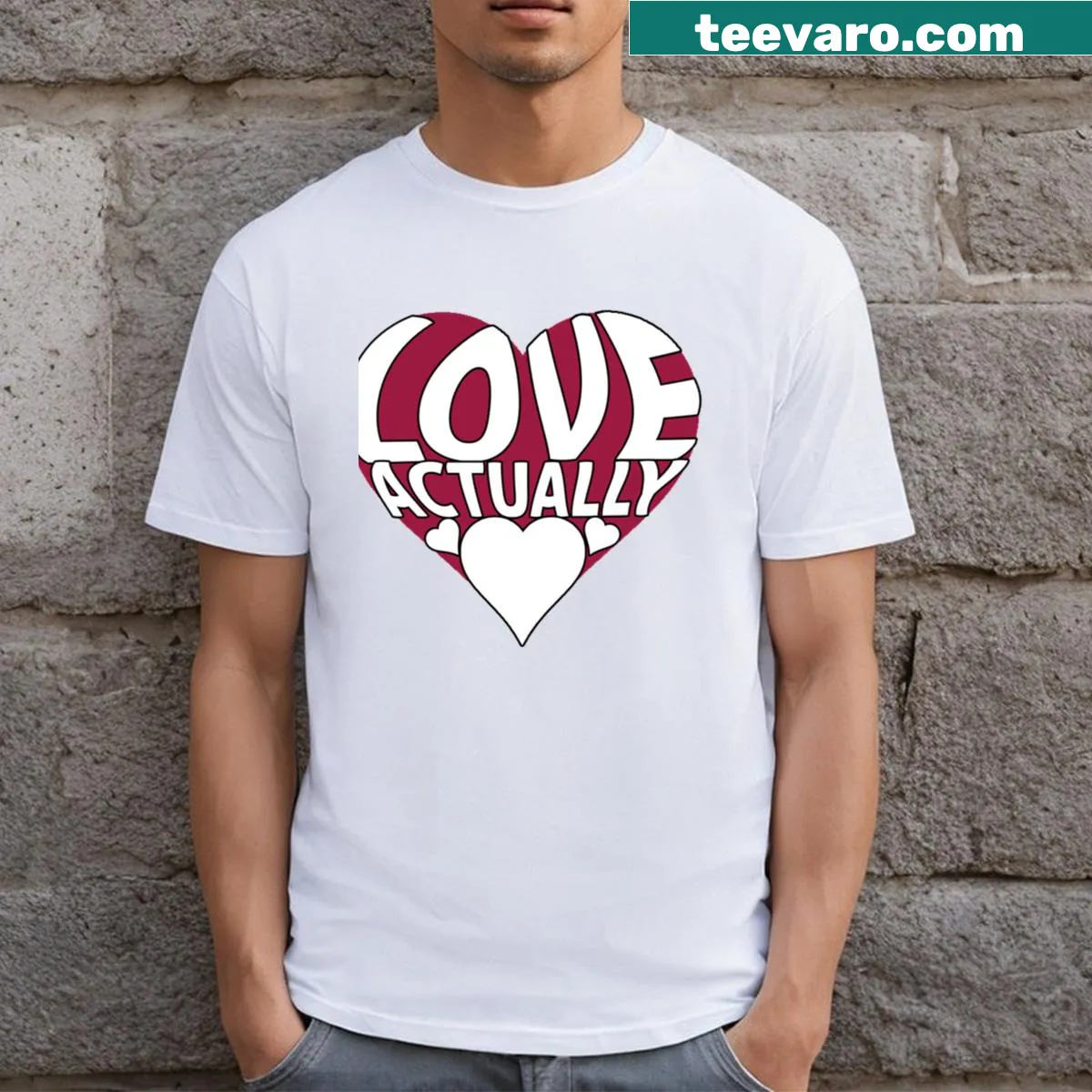 Heart graphic and text from 'Love Actually' on a T-shirt — on a men's t-shirt